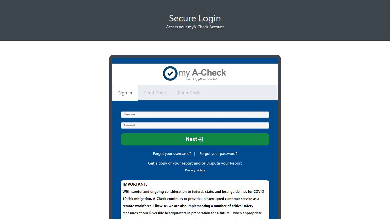 myA-CHECK | Secure Login - A-Check America
